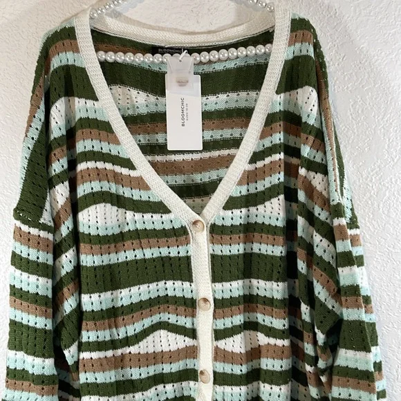 BLOOMCHIC Striped Contrast Button Up Hollow Out Cardigan Size 5X NEW - Picture 5 of 16